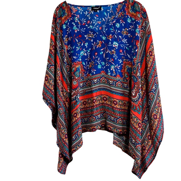 Tolani Tops - Tolani Collection 100% Silk Briyana Top Poncho Floral Geometric Print Size L
